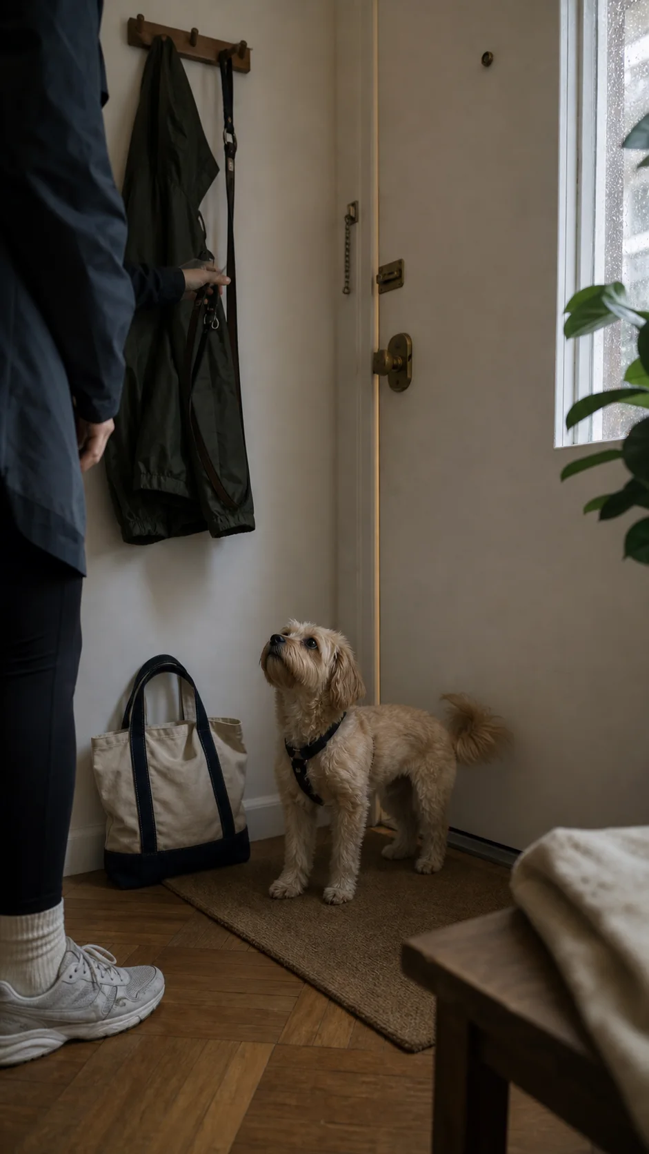 Dog waiting by an apartment door