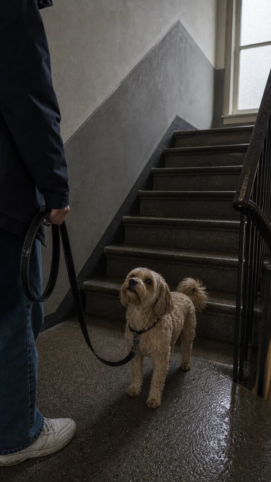 Dog and owner in a stairwell