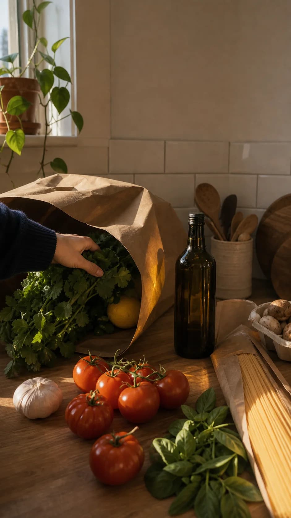 Groceries and tomatoes on a kitchen counter