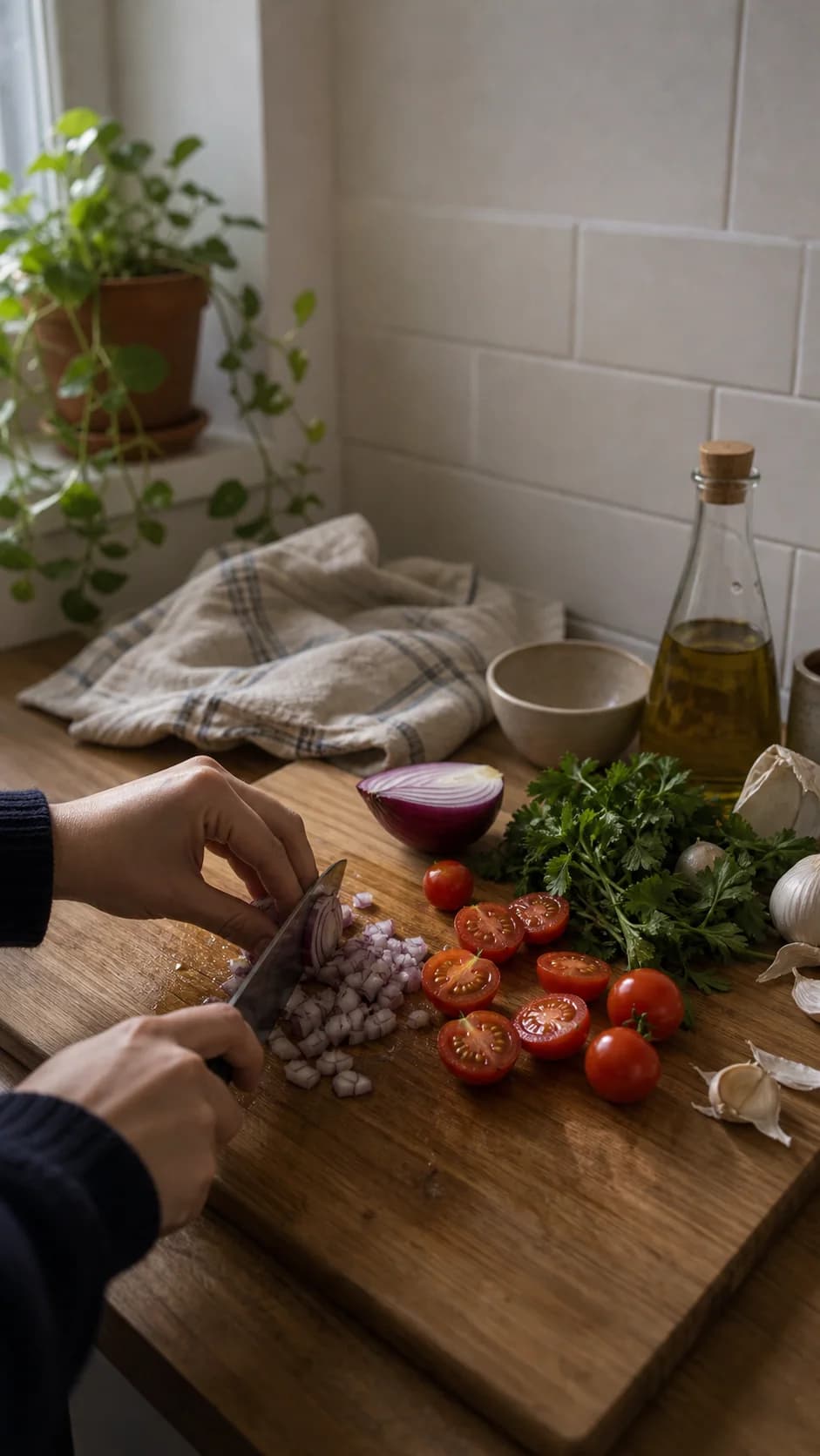 Hands preparing vegetables in a kitchen