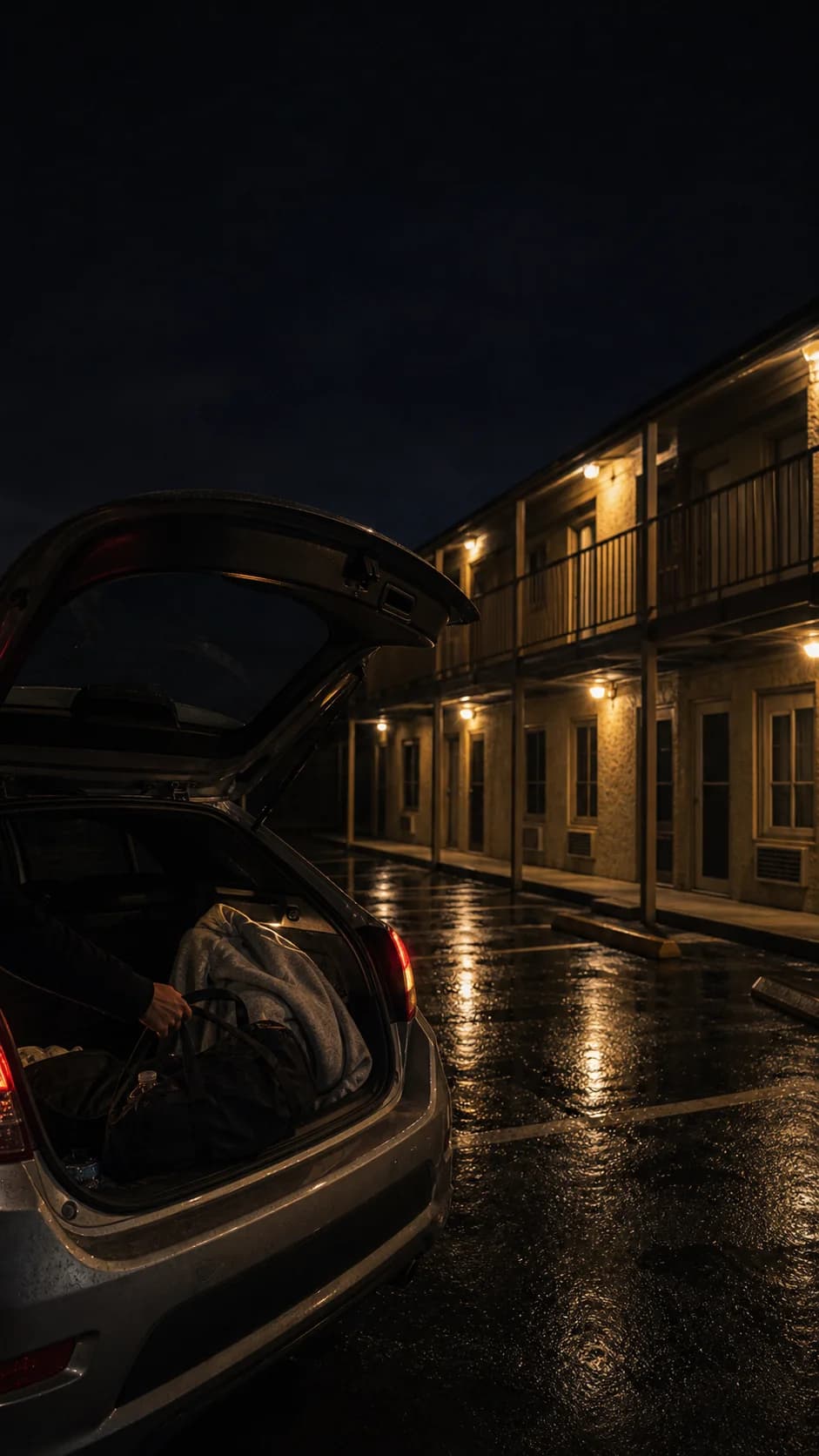 Parked car outside a motel in the rain